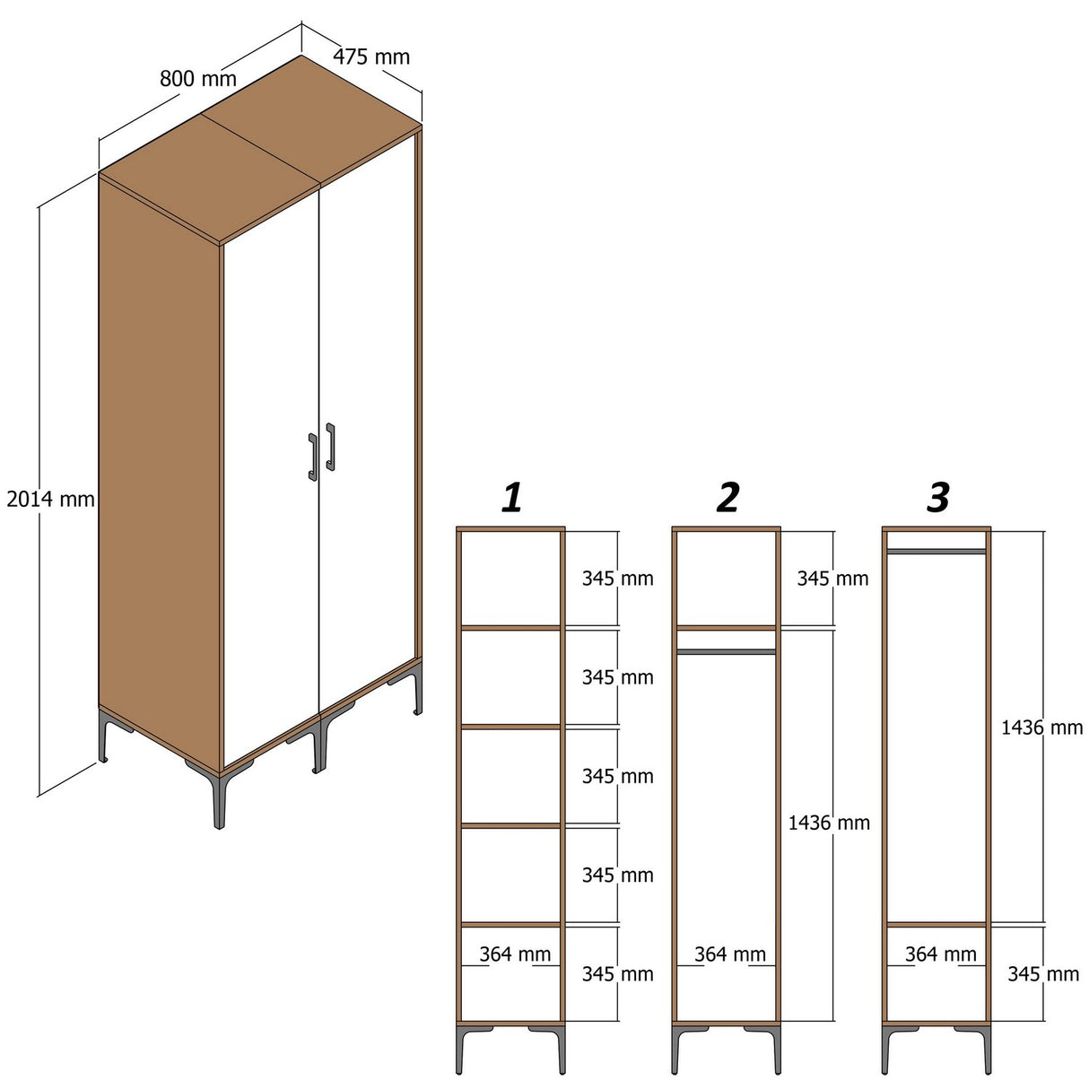 Kledingkast Kumsal PR Walnoot Antraciet Melamine 80x47,5x201,4 cm