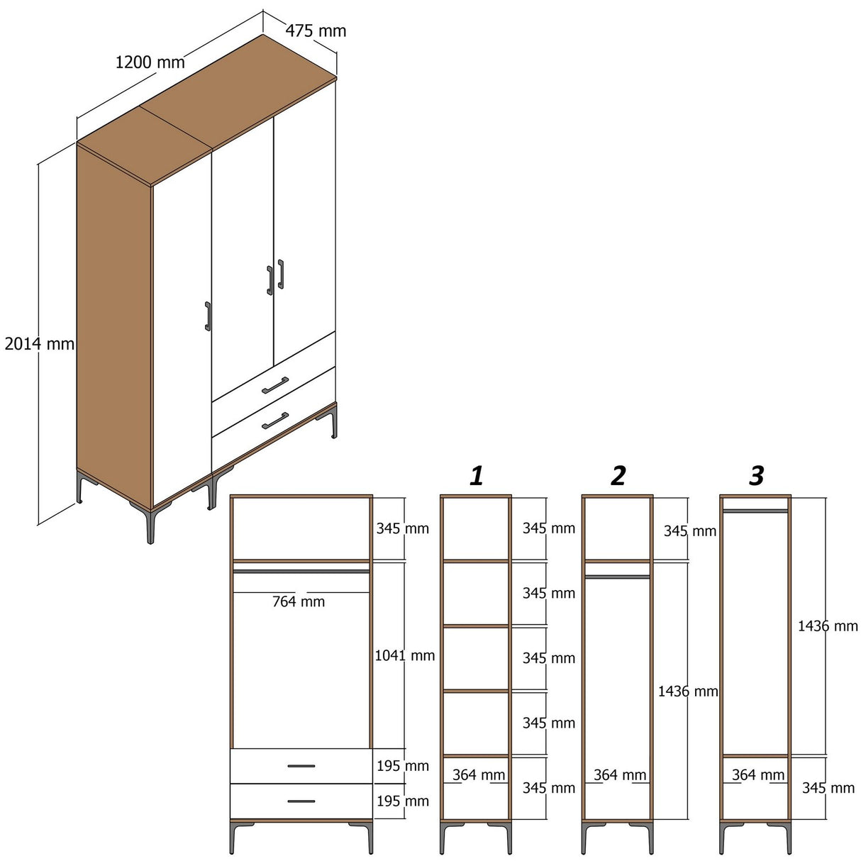 Kledingkast Kumual PT Walnoot Antraciet Melamine 120x47,5x201,4 cm