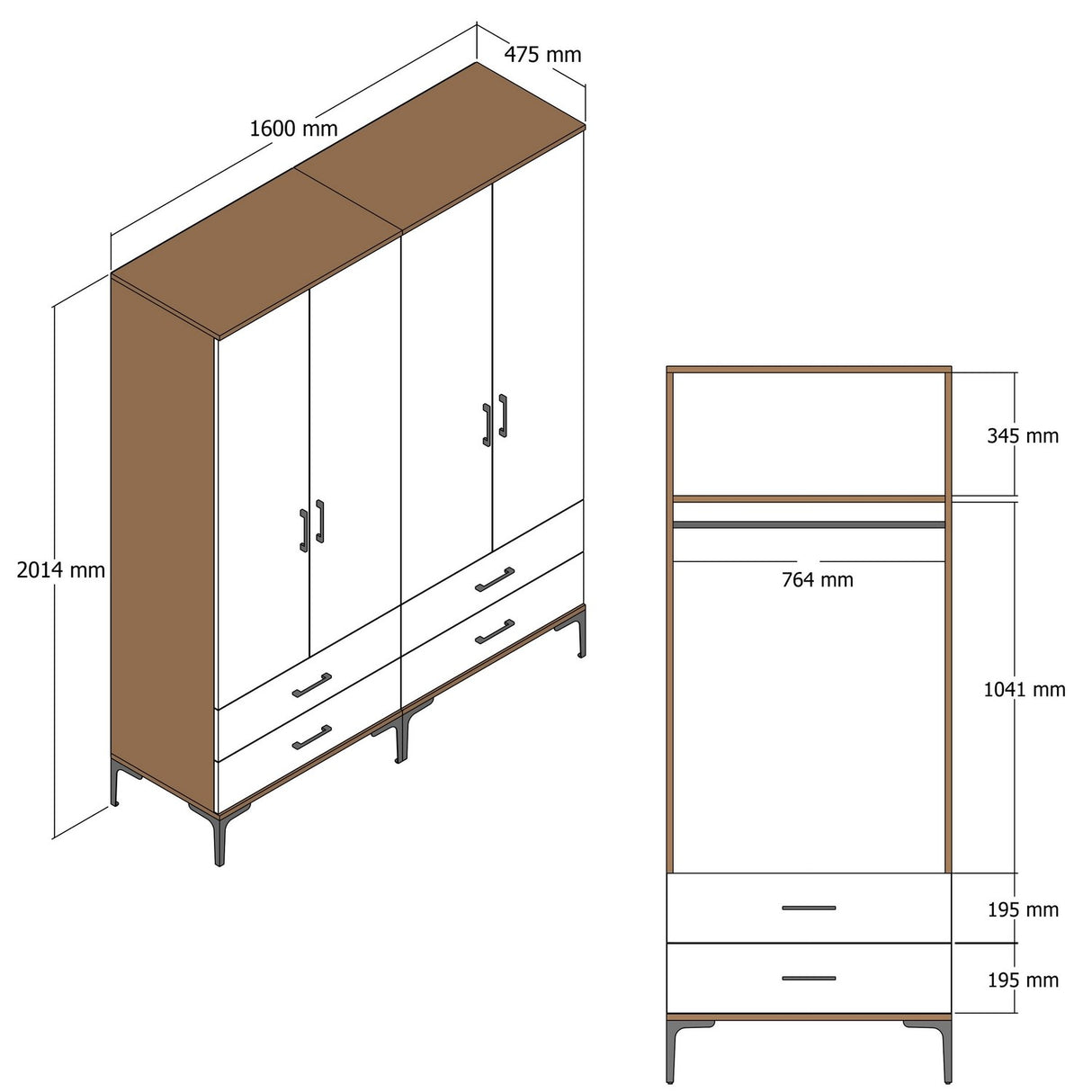 Kledingkast Kumsal TT Walnoot Wit Melamine 160x47,5x201,4 cm