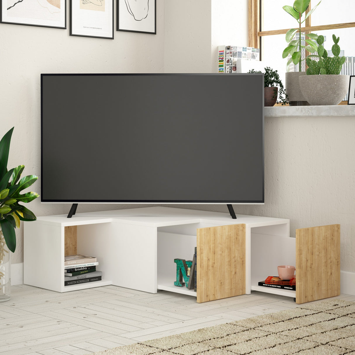 TV Meubel Compact Wit Eik Melamine 90x32x92 cm