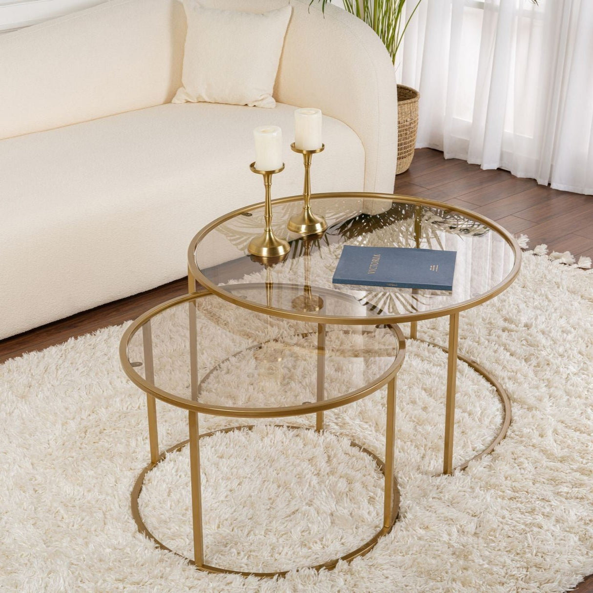 Moderne Ronde Salontafel Set van 2 Uru Goud - Brons Glas - 80/60 cm