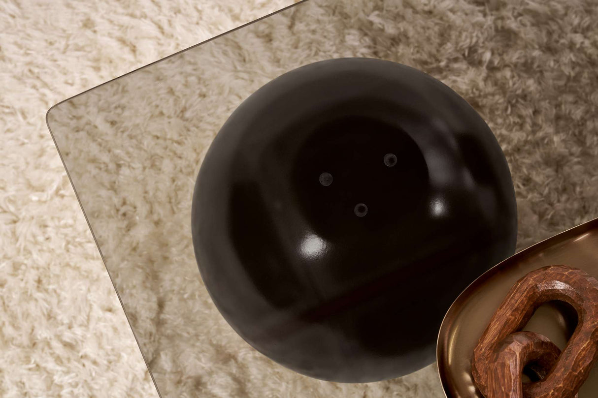 Rechthoekige salontafel grijs getint glas zwarte bolpoten Sera 110x75 cm