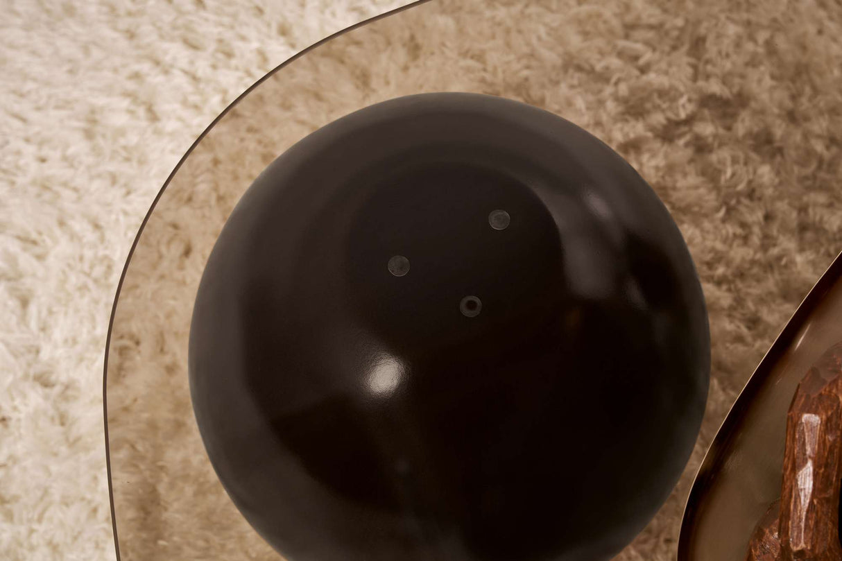 Deens ovale salontafel brons getint glas zwarte bolpoten Evara 118x75 cm