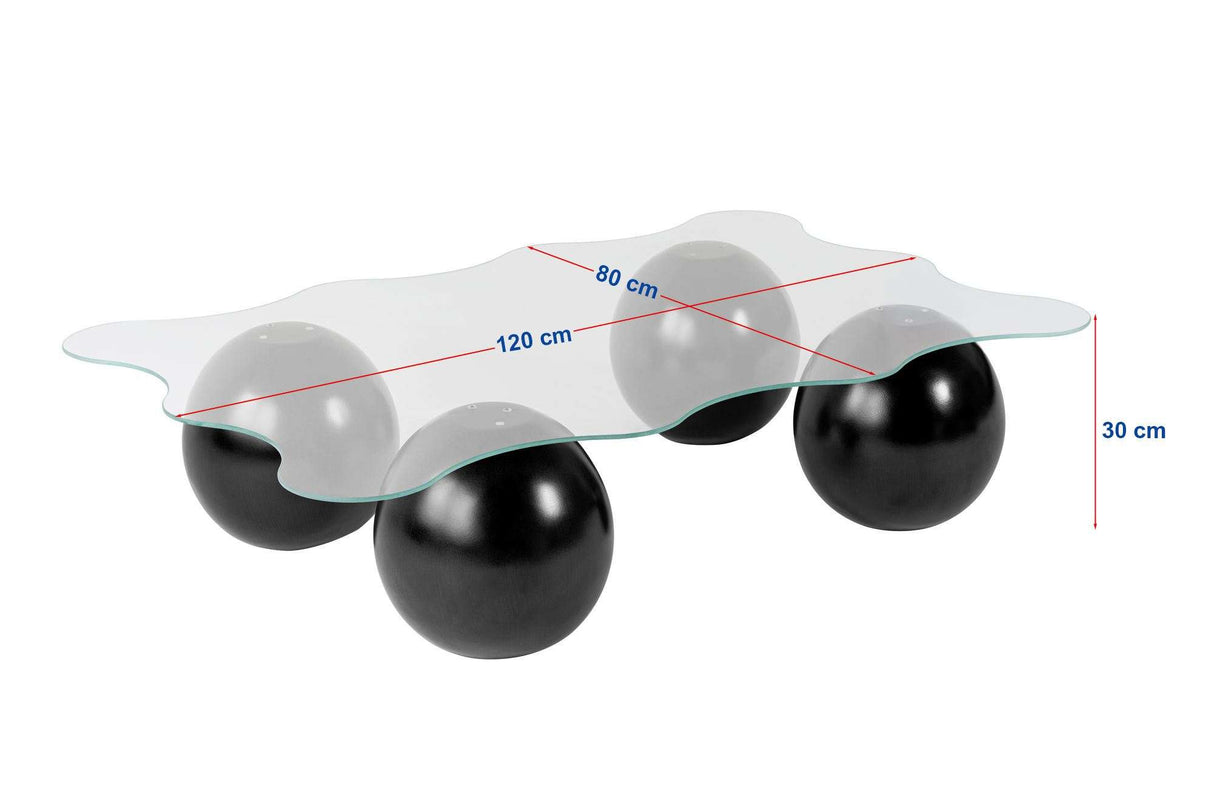 Golvende salontafel brons getint glas zwarte bolpoten Noxa 120x80 cm