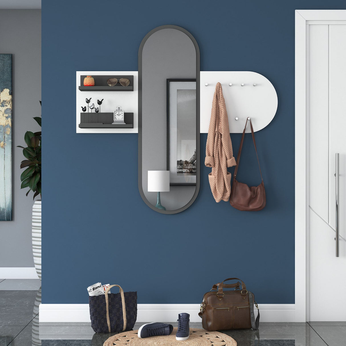 Kapstok Wit Melamine 9-Haaks - Met Spiegel - Twee Plankjes