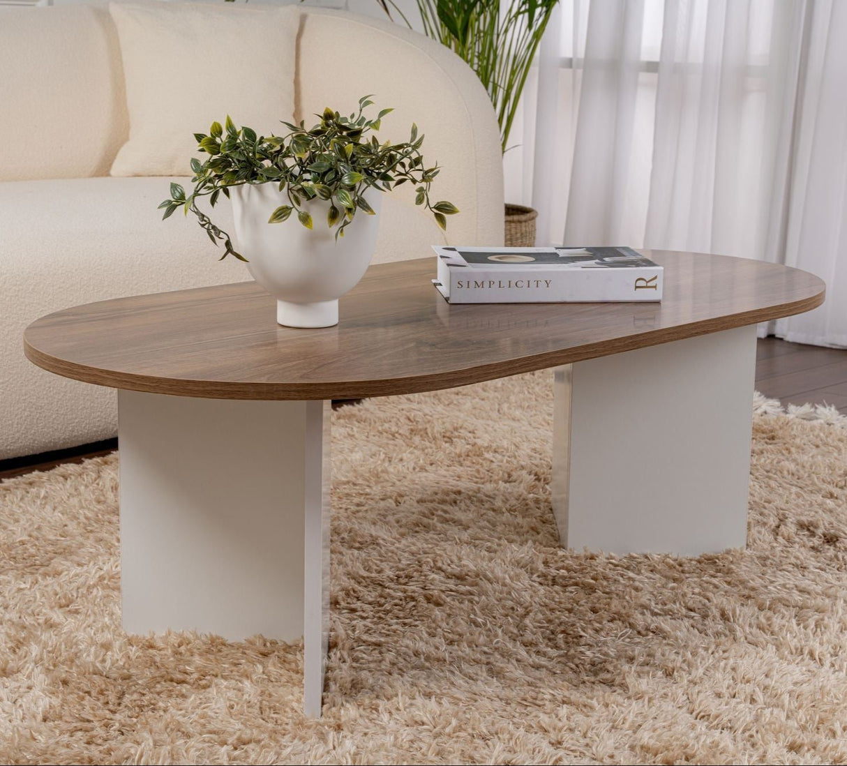 Ovale Salontafel Walnoot Look - Witte Poot - Sabla - 119x60