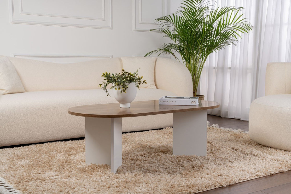 Ovale Salontafel Walnoot Look - Witte Poot - Sabla - 119x60