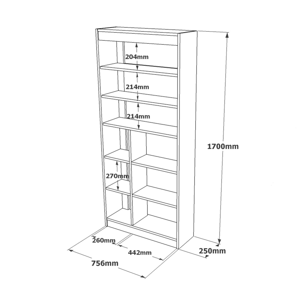 Boekenkast Thule Eik Wit Melamine 75,6x170x25 cm