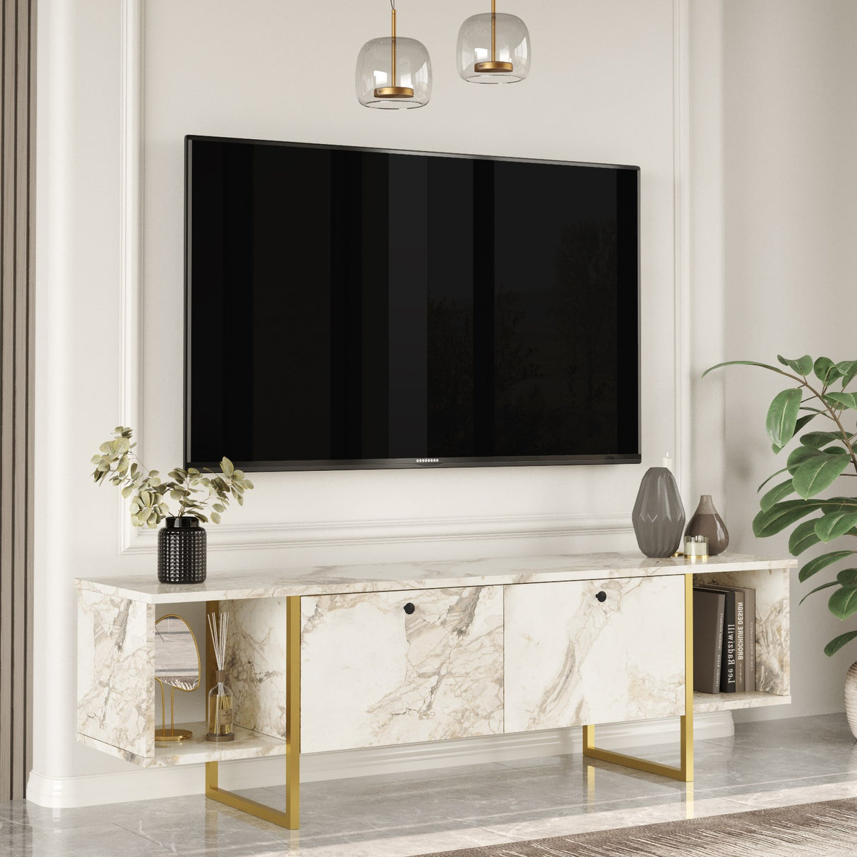 TV Meubel Hespera Wit Goud Melamine 160x47,6x40 cm