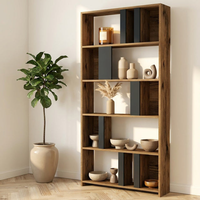 Boekenkasten - Asymmetrische boekenkast antraciet walnoot melamine Lima 90x180x20 cm - Dimehouse