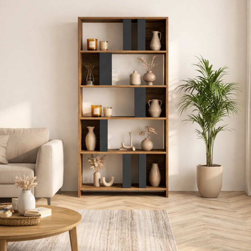 Boekenkasten - Asymmetrische boekenkast antraciet walnoot melamine Lima 90x180x20 cm - Dimehouse