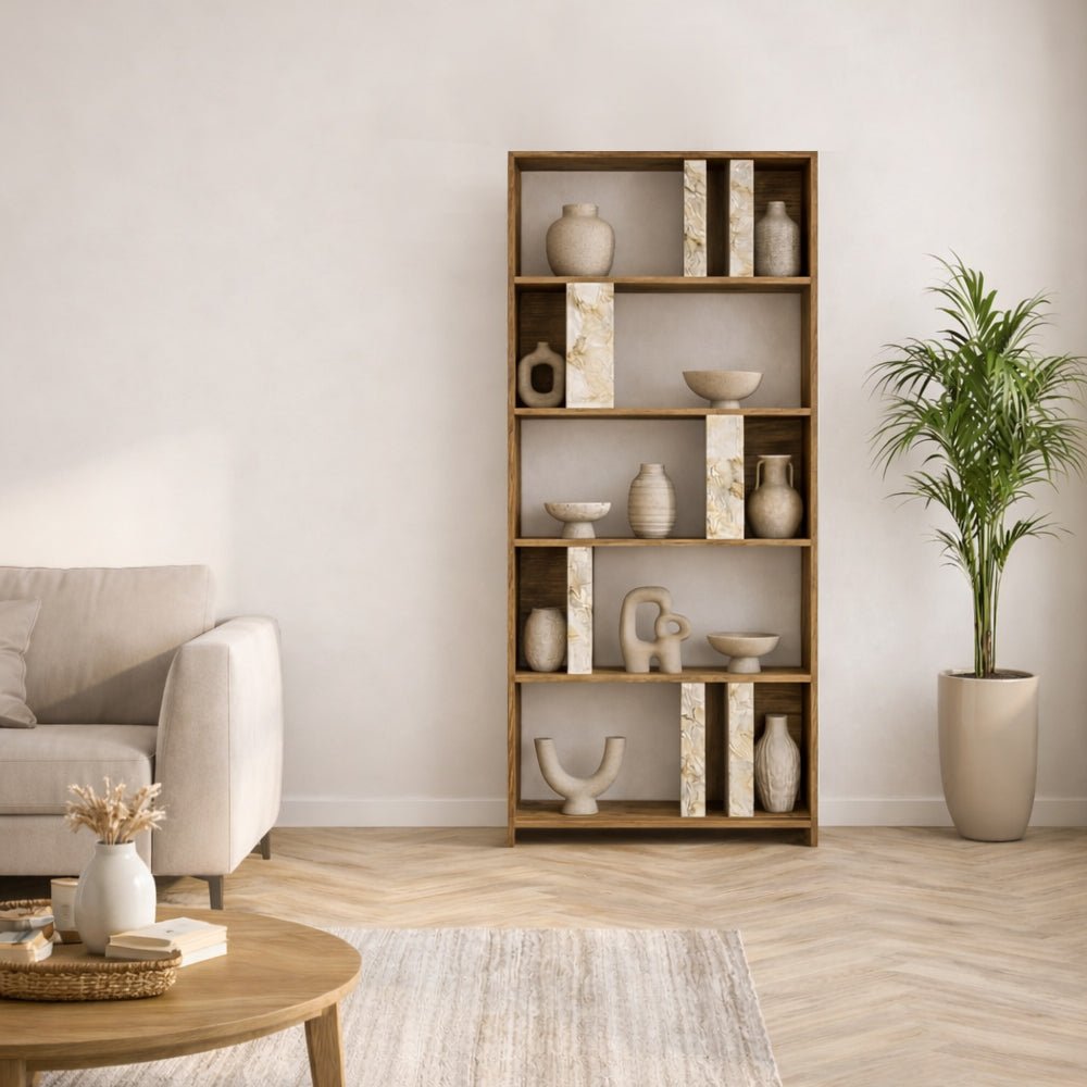 Boekenkasten - Asymmetrische boekenkast marmerlook walnoot melamine Lima 90x180x20 cm - Dimehouse
