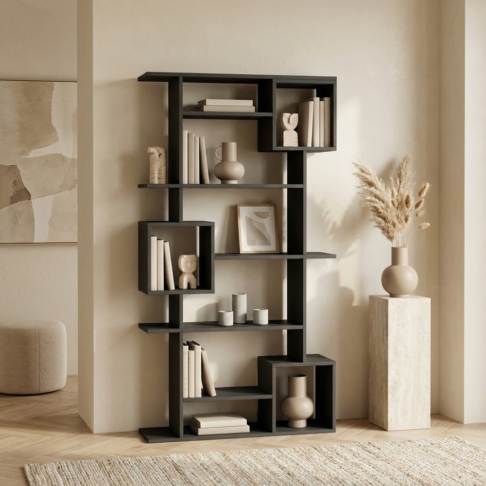 Boekenkasten - Asymmetrische boekenkast antraciet melamine Soto 92x173x28 cm - Dimehouse