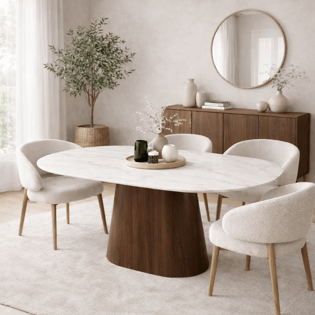 Eettafel Sintered Stone Marmerlook Wit - Walnoot Frame - Deens ovaal - 180x90 cm  -  Lea
