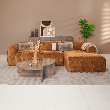 Banken-Hoekbank oker chenille stof - 292x170 cm - Shane - rechts-Dimehouse