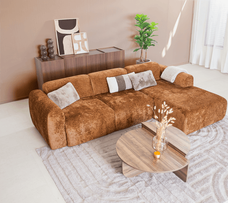 Banken-Hoekbank oker chenille stof - 292x170 cm - Shane - rechts-Dimehouse