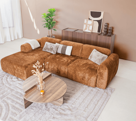Banken-Hoekbank oker chenille stof - 292x170 cm - Shane - links-Dimehouse
