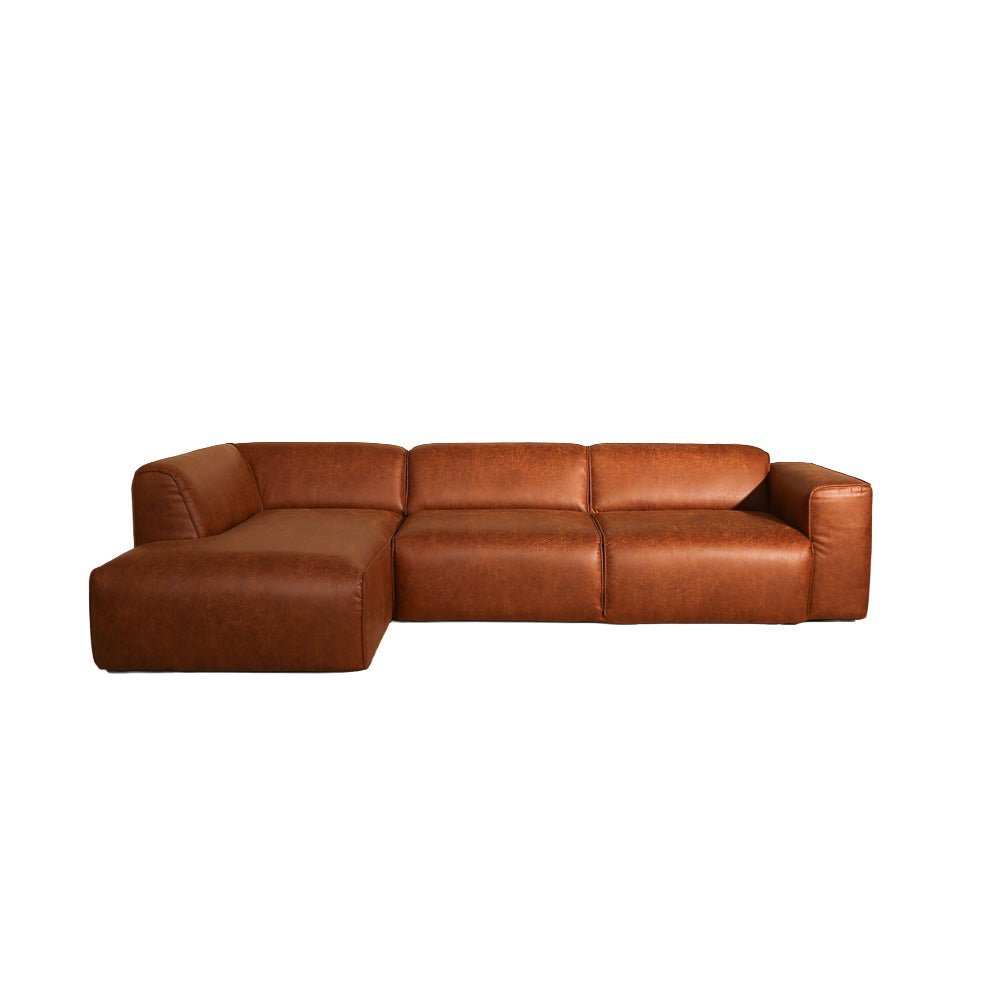 Banken-Hoekbank cognac ecoleer - 305x169 cm - Jaylen - links-Dimehouse