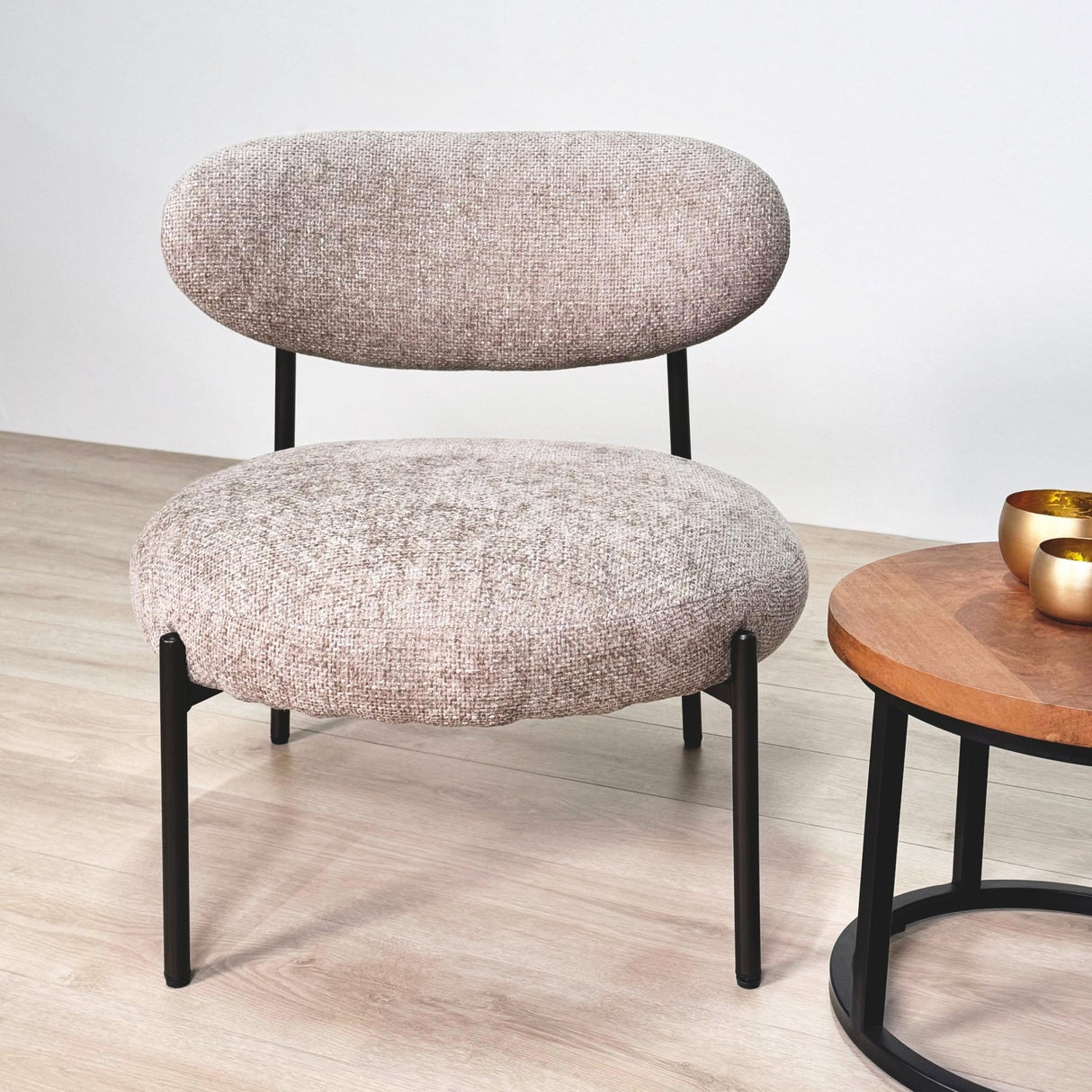 Ronde Scandinavische fauteuil beige gemêleerde stof Nova