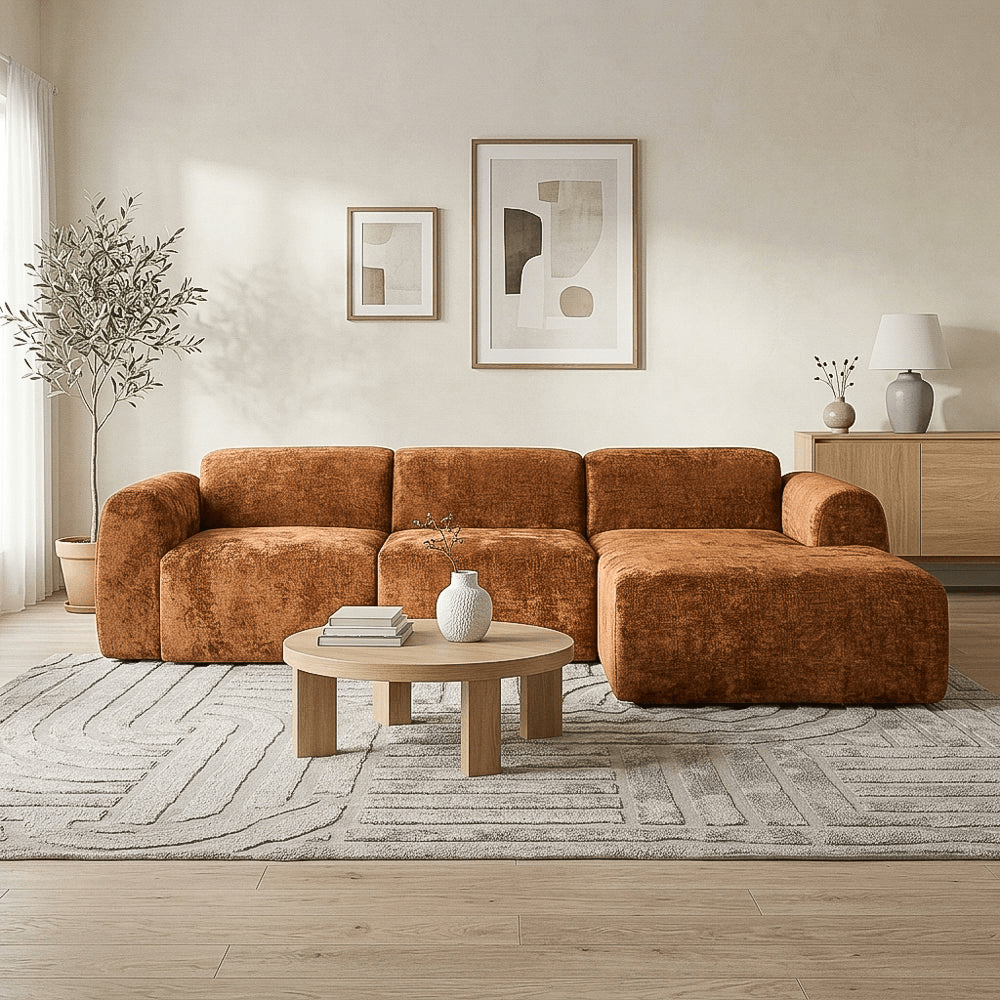 Banken-Hoekbank oker chenille stof - 292x170 cm - Shane - rechts-Dimehouse