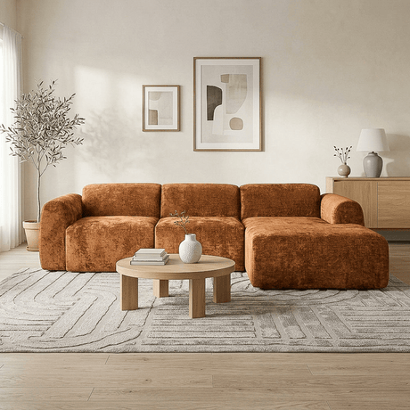 Banken-Hoekbank oker chenille stof - 292x170 cm - Shane - rechts-Dimehouse