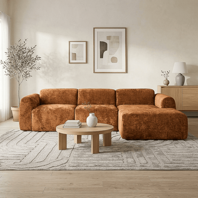 Banken-Hoekbank oker chenille stof - 292x170 cm - Shane - rechts-Dimehouse