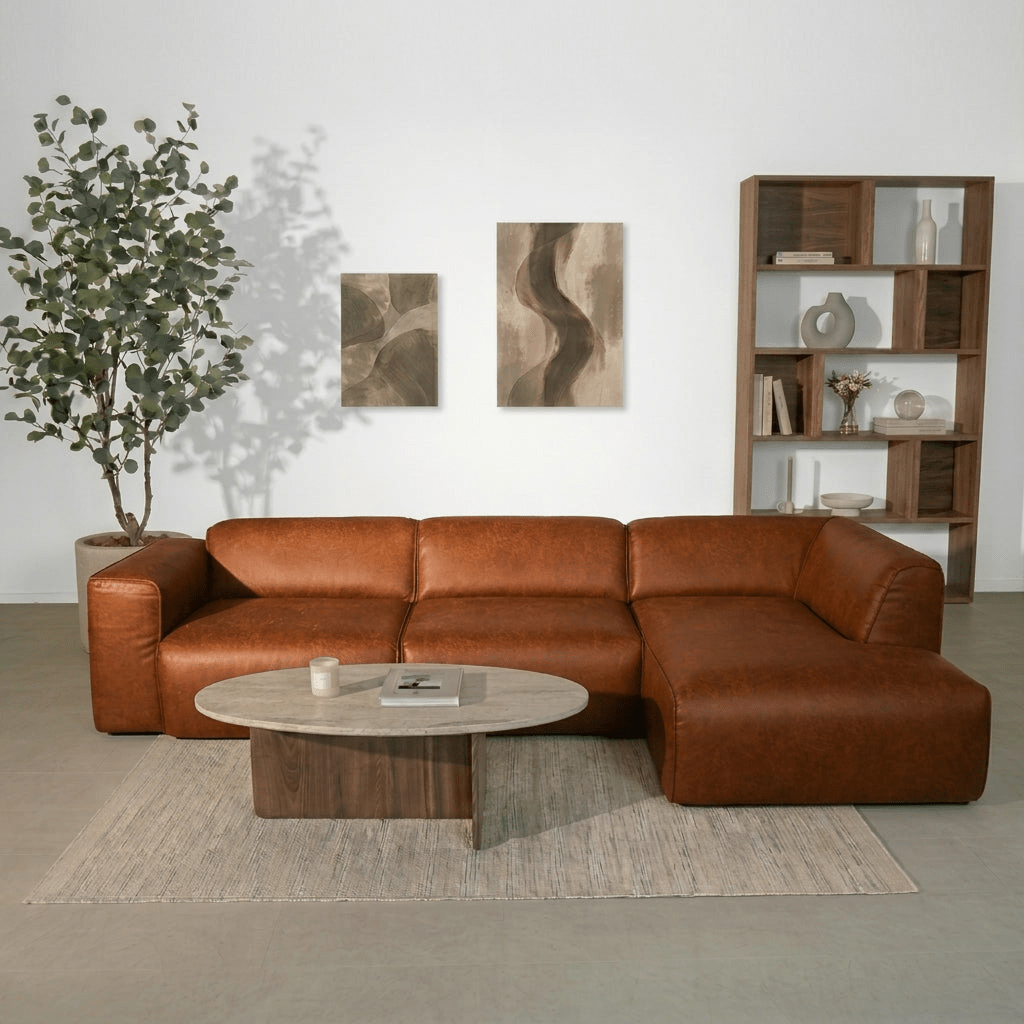 Banken-Hoekbank cognac ecoleer - 305x169 cm - Jaylen - rechts-Dimehouse