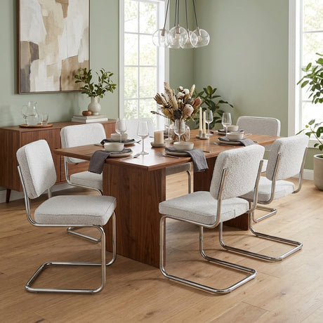 Eetkamerstoelen-Moderne Eetkamerstoel Grijs Bouclé Stof Sway - Chrome Frame - Zonder Armleuningen-Dimehouse