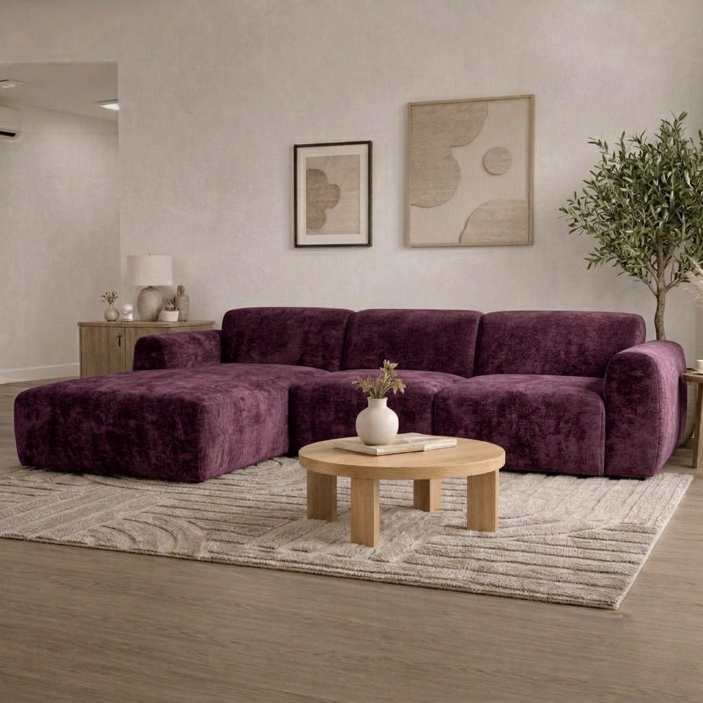 Banken-Hoekbank paars chenille stof - 292x170 cm - Shane - links-Dimehouse