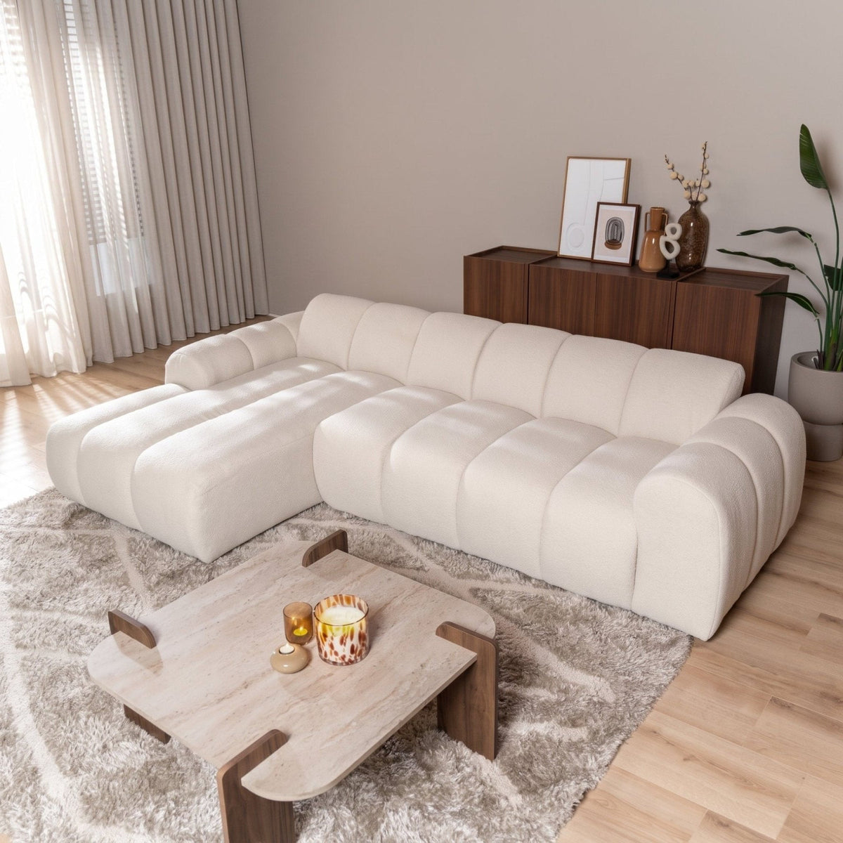 Banken-Hoekbank met lounge beige bouclé stof - strepen - links - Brix-Dimehouse