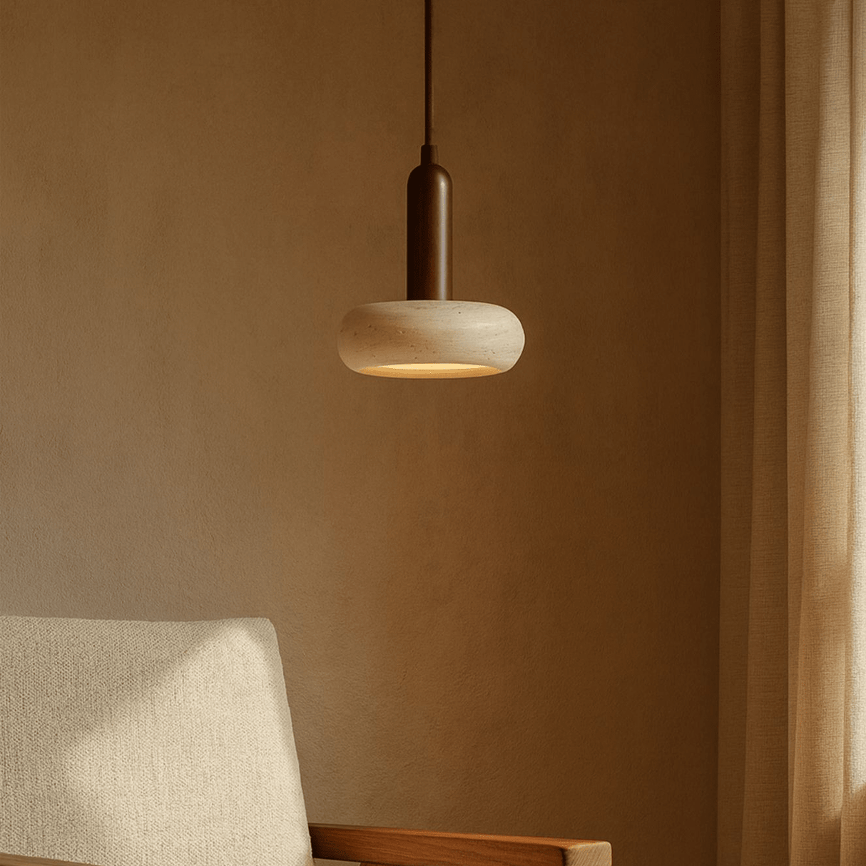 Hanglamp 1 licht - Walnoot & Travertin - plat langwerpig - Hakaro
