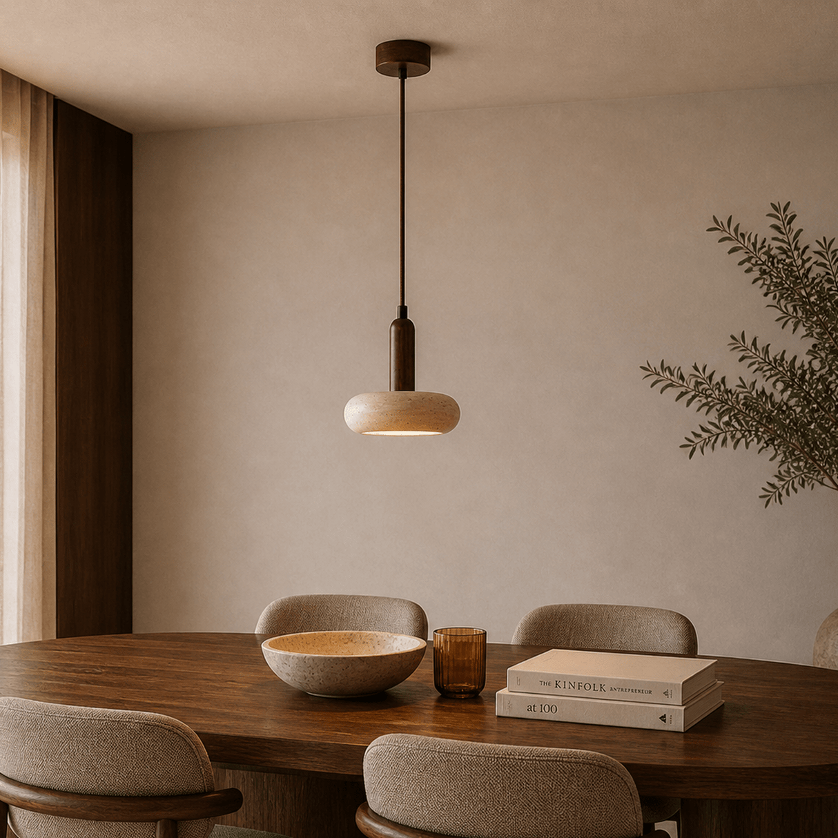 Hanglamp 1 licht - Walnoot & Travertin - plat langwerpig - Hakaro