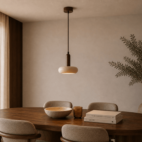 Hanglamp 1 licht - Walnoot & Travertin - plat langwerpig - Hakaro