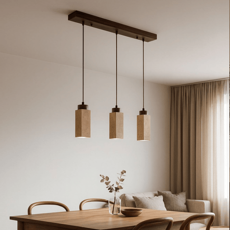 Hanglamp 3-lichts – Walnoot & Travertin blokken - blokvorm - Sudoki