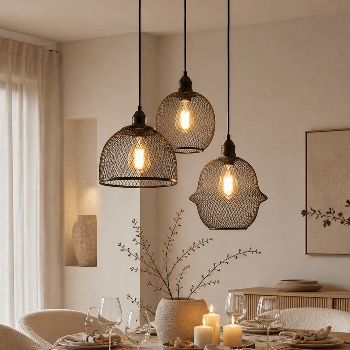 Hanglampen - Hanglamp zwart Metaal – Gaas structuur - 3 - lichts – Hudson - Dimehouse