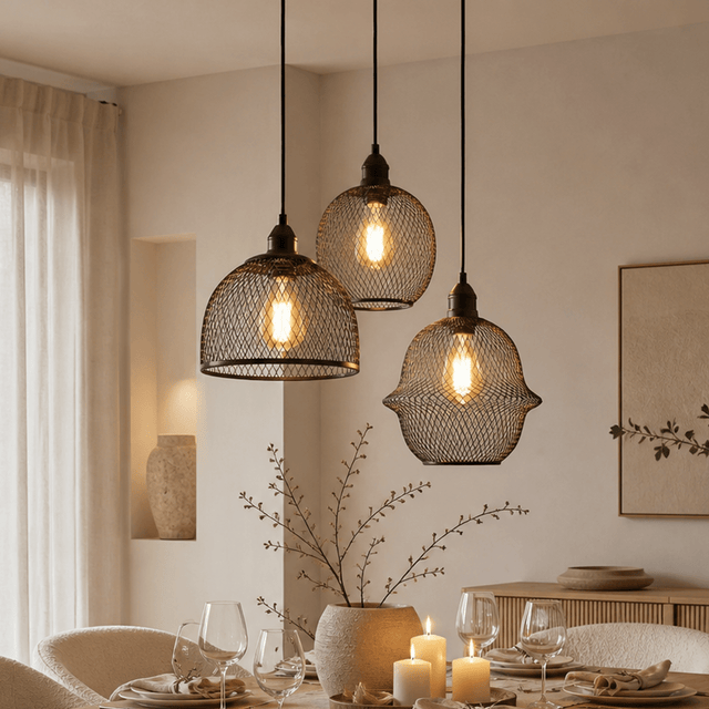 Hanglampen - Hanglamp zwart Metaal – Gaas structuur - 3 - lichts – Hudson - Dimehouse