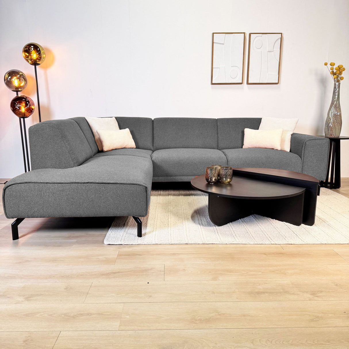 Hoekbank grijs bouclé stof Maël  - links