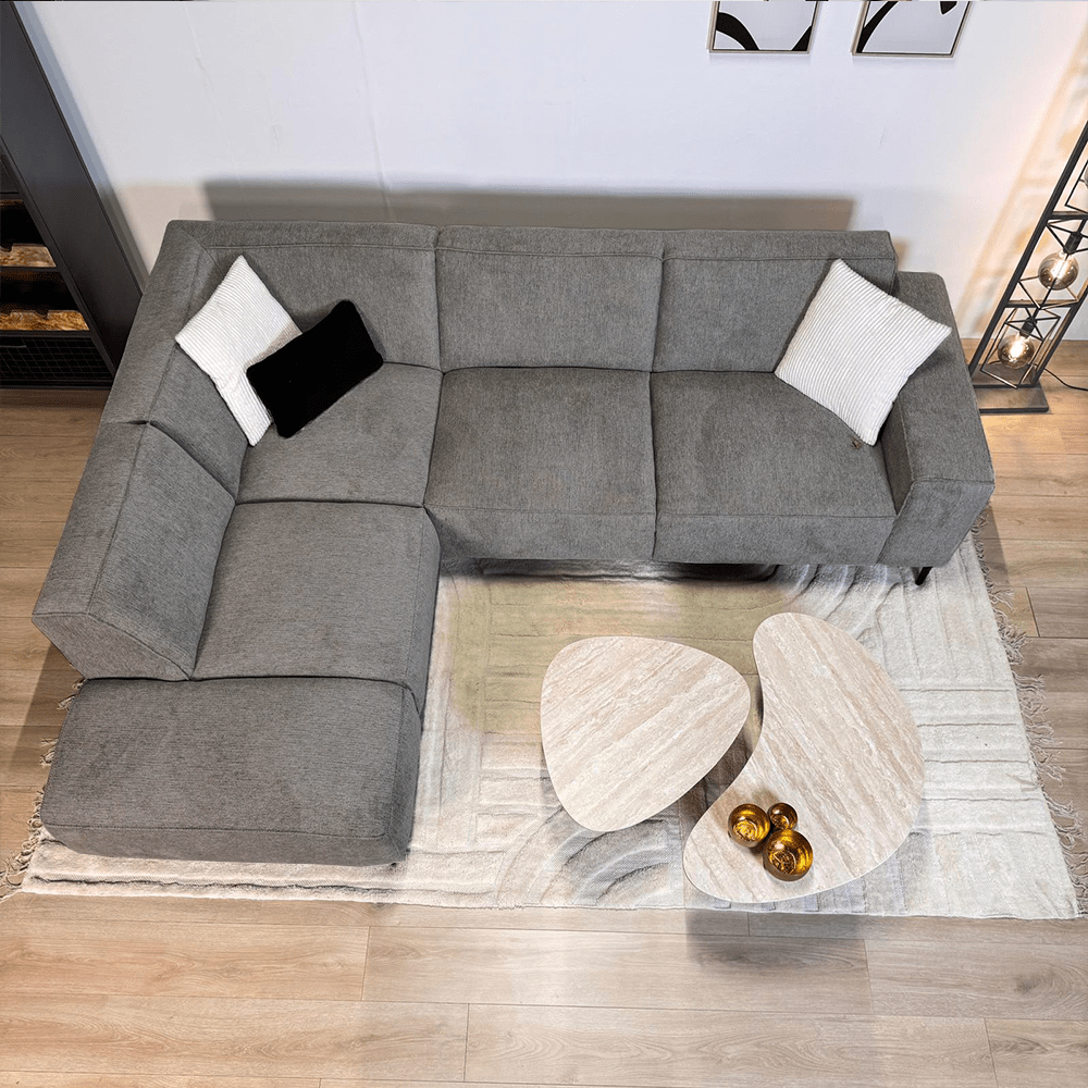 Hoekbank taupe chenille gemêleerd Ravi  – links