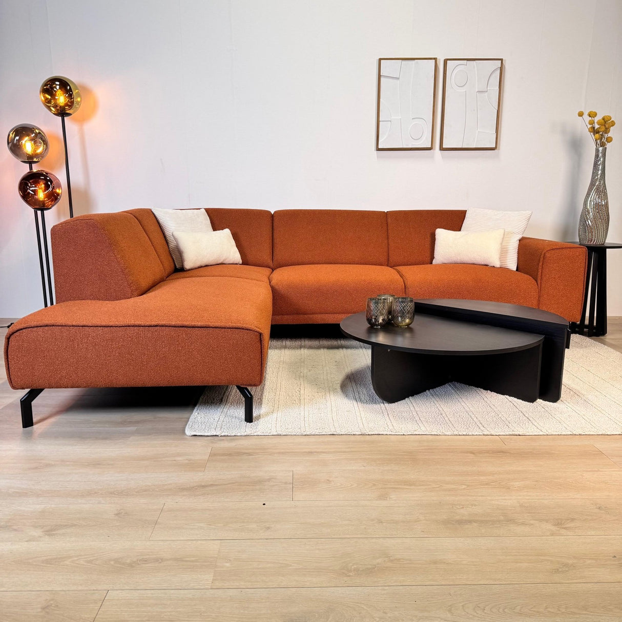 Hoekbank terracotta bouclé stof Maël - links