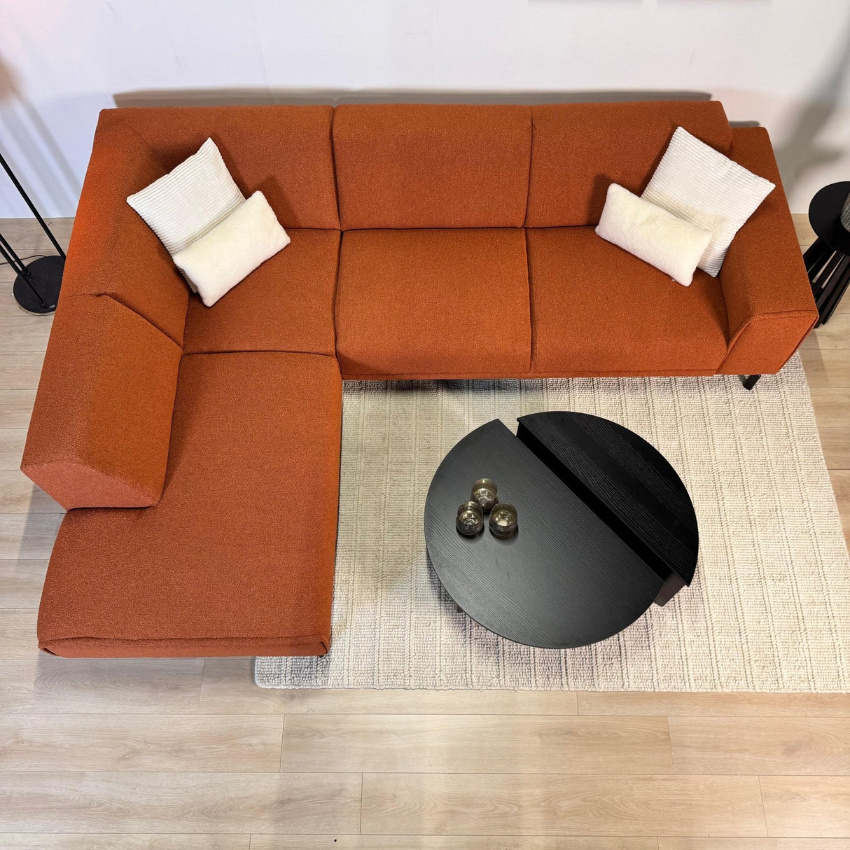 Hoekbank terracotta bouclé stof Maël - links