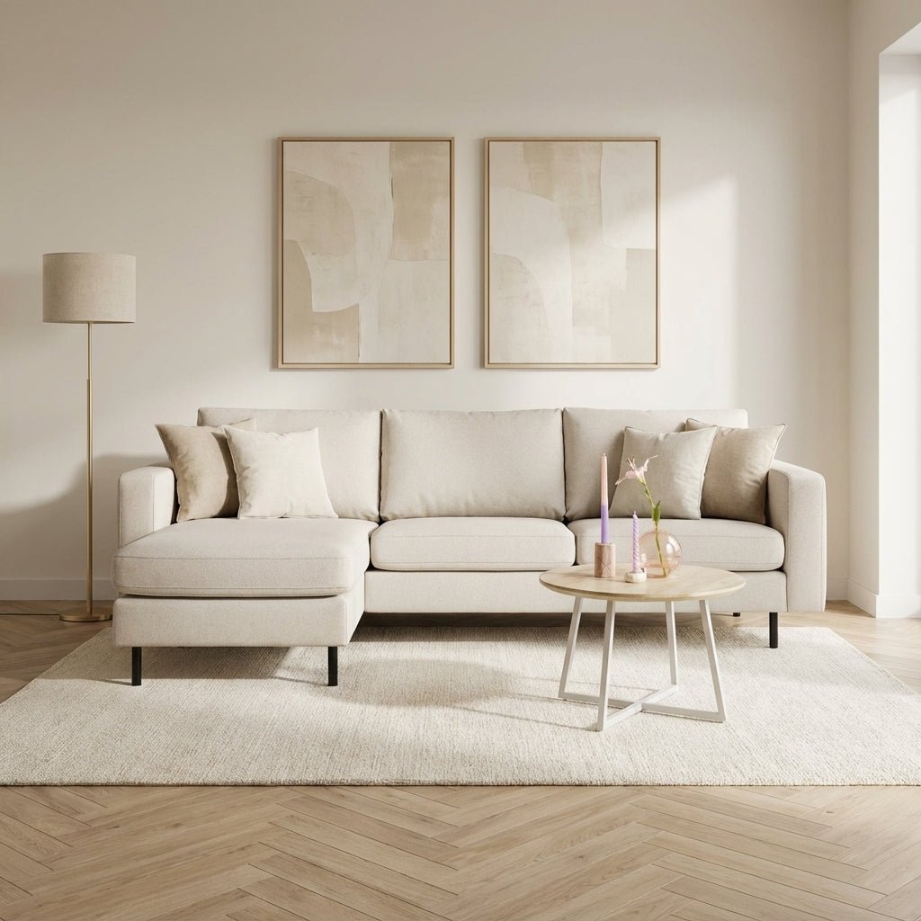 Hoekbank Merle ivoor stof links/rechts sfeerfoto in modern interieur