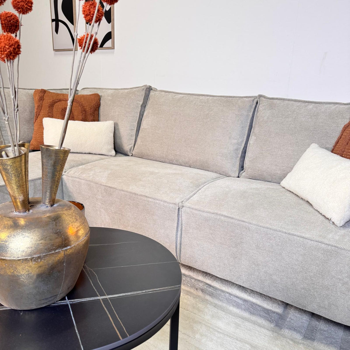 Hoekbank met chaise longue beige chenille Yara - links