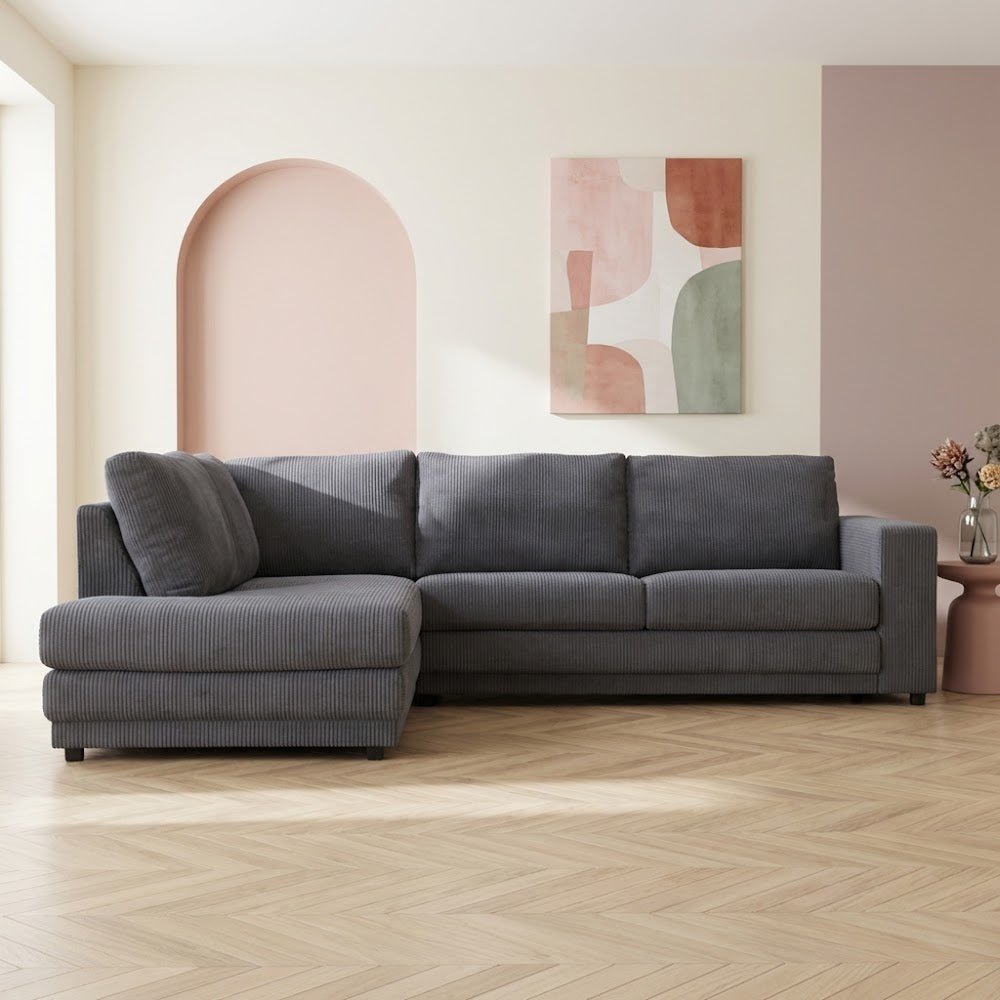 Hoekbank antraciet ribstof plofbank Gabi  - links