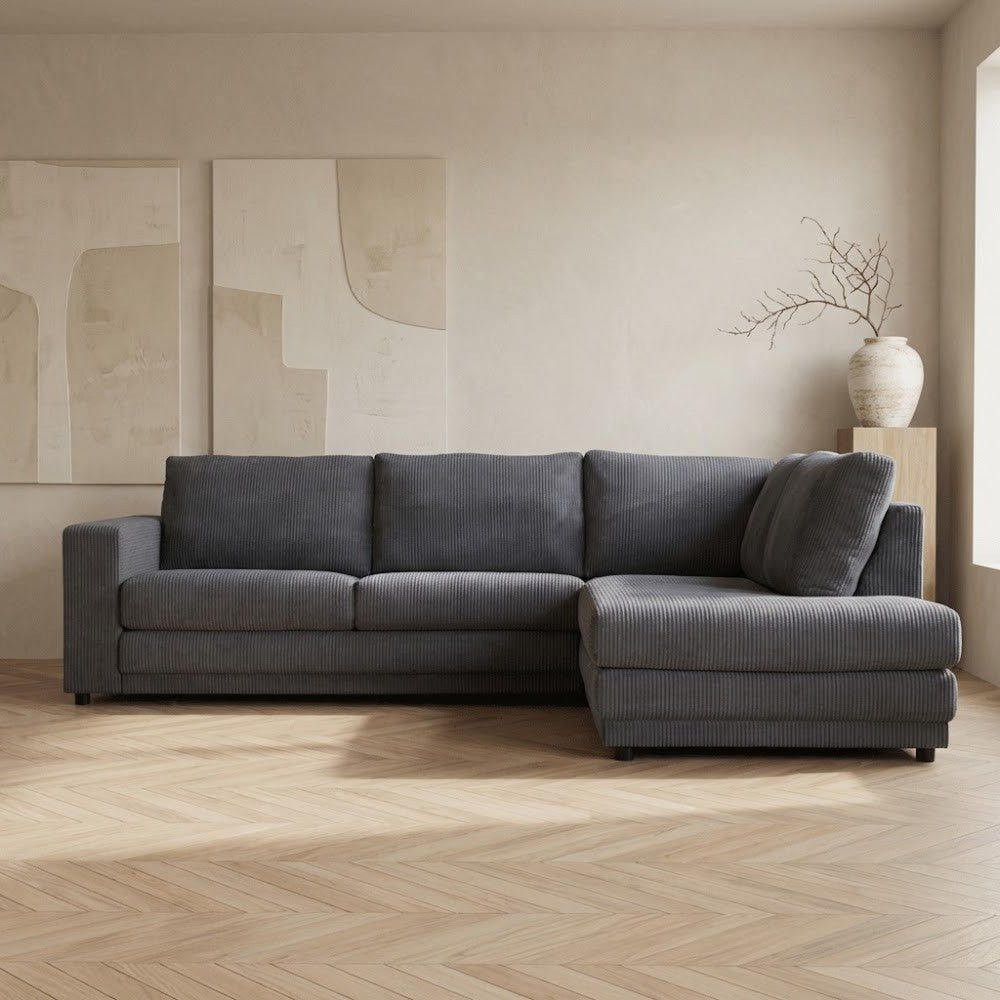 Hoekbank antraciet ribstof plofbank Gabi - rechts