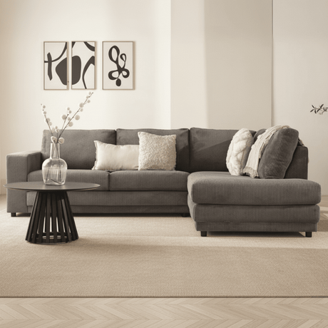 Hoekbank antraciet ribstof plofbank Gabi - rechts