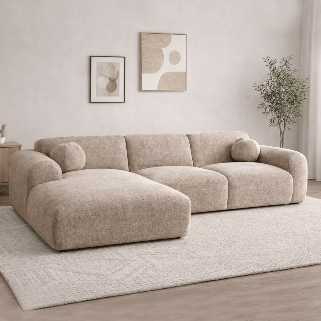Hoekbank zand chenille stof - 292x169 cm - Shane - links