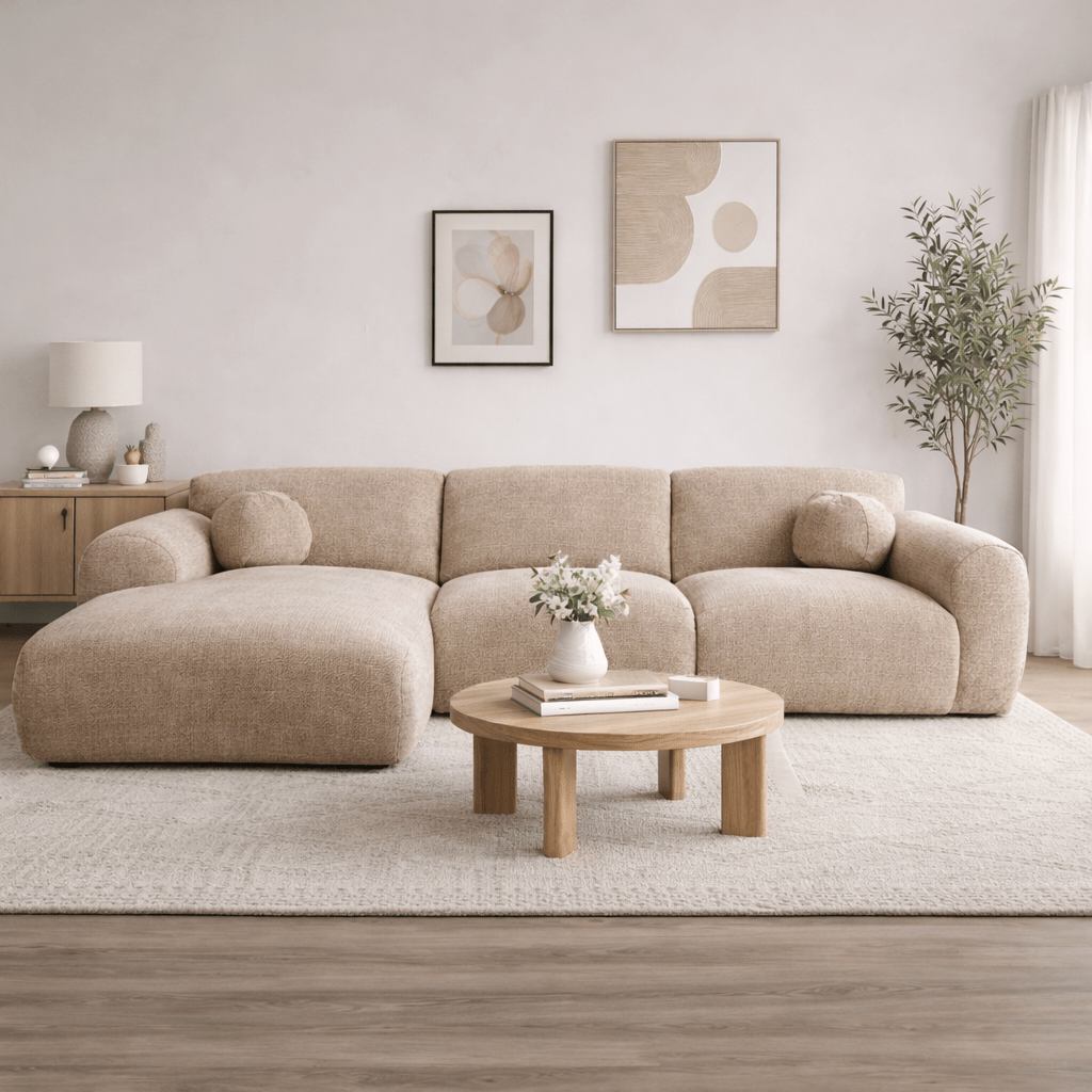 Hoekbank zand chenille stof - 292x169 cm - Shane - links