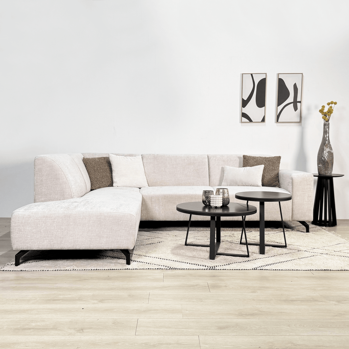 Hoekbank met chaise longue beige chenille stof Manon - links