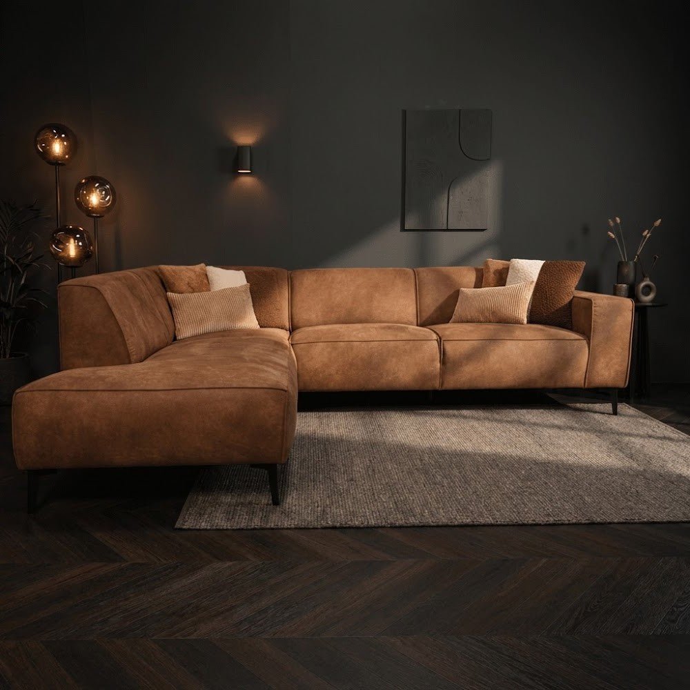 Industriële hoekbank cognac eco-leer Brisbane - links