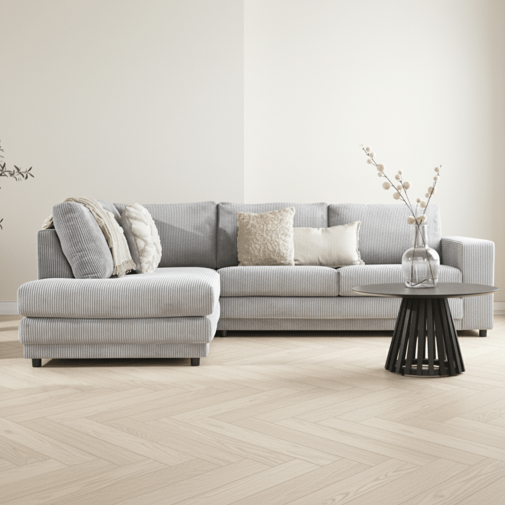 Hoekbank lichtgrijs ribstof plofbank Gabi - links